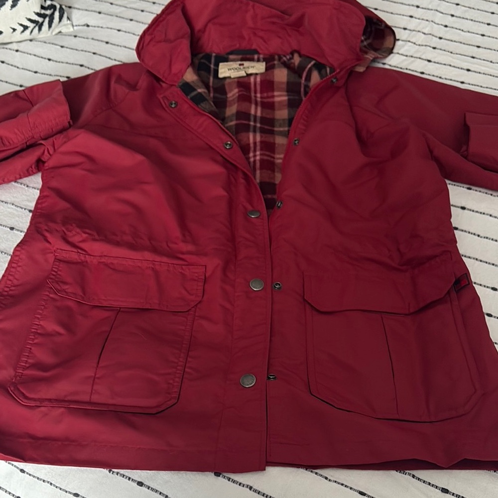 Woolrich Red Utility Jacket with removable Hood and Tartan Lining